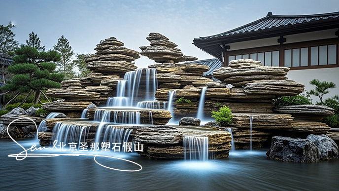 jimeng-2025-06-08-898-這是一處富有特色的天然千層石的假山，石頭是和太湖石一樣有自然橫向紋理，是用真正的天然假山石頭制作，能有明顯的凸凹。水流從上層緩緩流下，落入下層的石池中。背景....jpeg